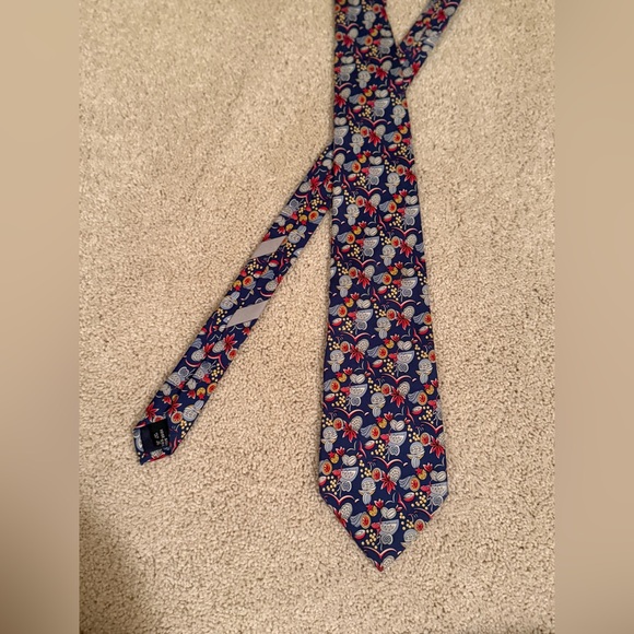 SALVATORE FERRAGAMO Vintage 100% Silk Blue Fruit & Paisley Pattern Men’s Tie - Picture 3 of 16